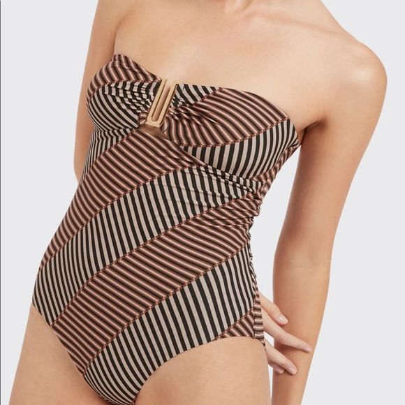 Anthropologie Other - Anthropologie Jets Raya Bandeau One-piece Swimsuit Black Tan Stripe Strapless
